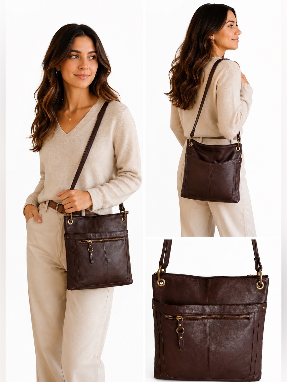 Great American Leather Works Brown 100% Genuine Leather Crossbody Shoulder Bag - Picture 3 of 13